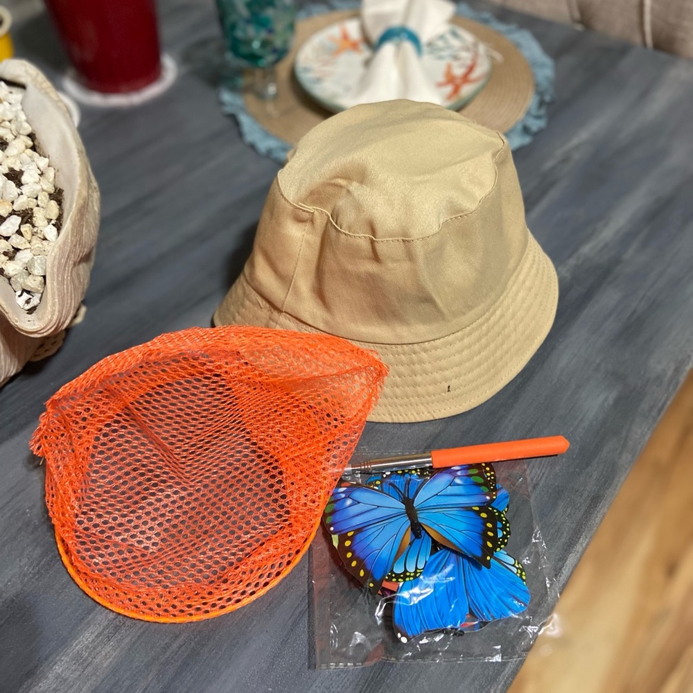 Kids/Mens Tan Bucket Hat with Orange Net and multi-colored Butterflies